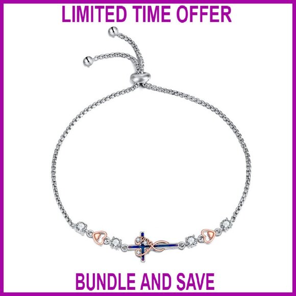 Sterling Silver Sideways Cross Bracelet Adjustable Chain Religious Jewelry - Picture 1 of 8